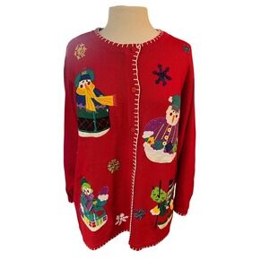 The Quacker Factory Ugly Christmas Cardigan Red‎ Snowman Holiday Sweater 1X